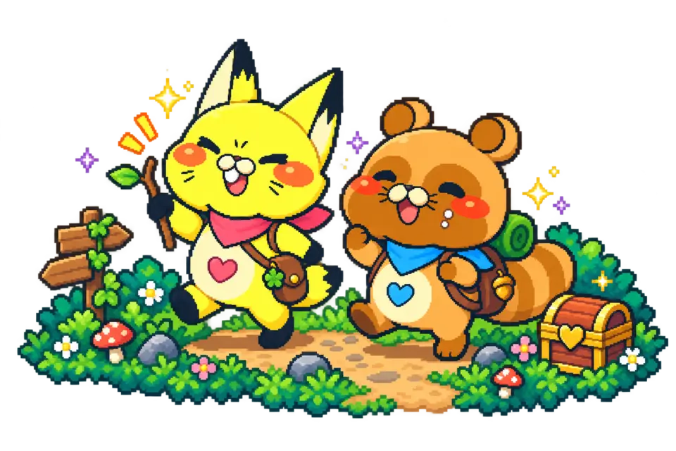 冒険へ出発する、はぴちゃんとふれちゃん